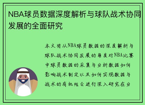 NBA球员数据深度解析与球队战术协同发展的全面研究